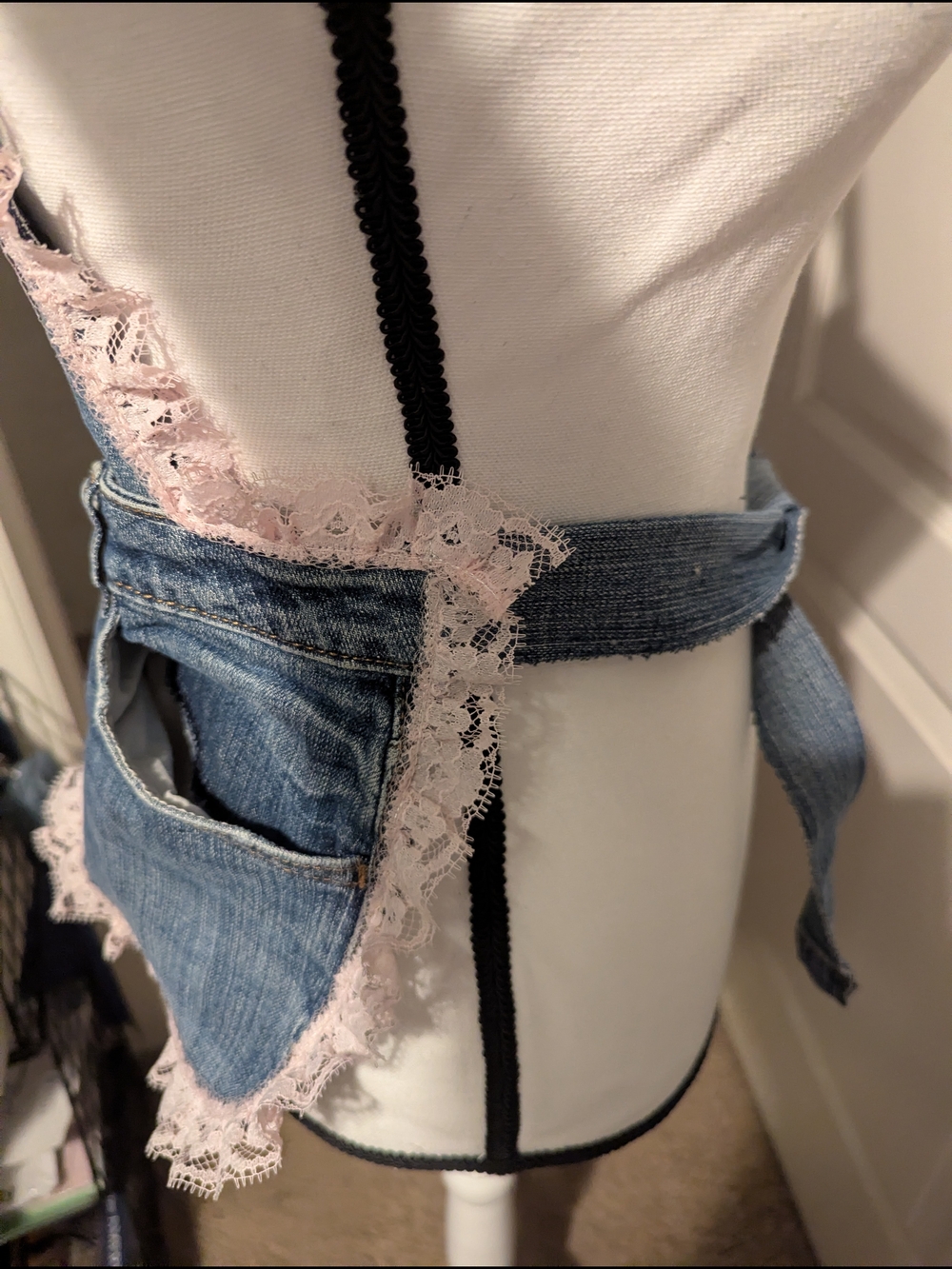 Denim Lace Apron Trim Overalls - Blue and Light Pink - Picture 3 of 5